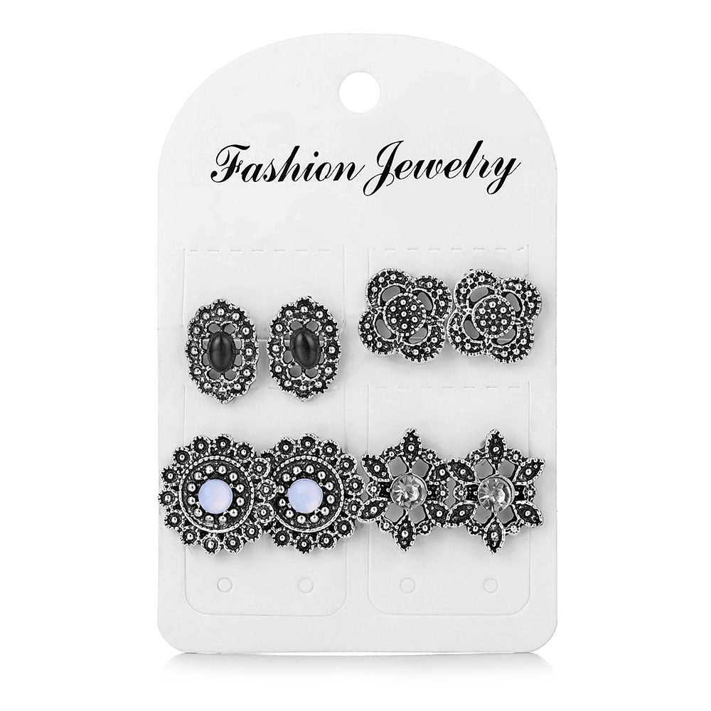 Retro Diamonds Flowers 4 Pairs Earings Set