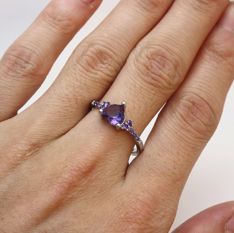 Natural Amethyst Zircon Silver Ring Fashion Wedding Heart Shaped Ring Jewelry Female