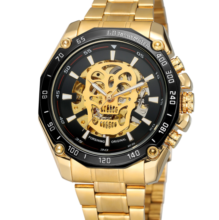 Steampunk Fashion Skull Design Black Golden Luminous Hands Skeleton Men's Mechanical Wrist Watches Top Brand Luxury