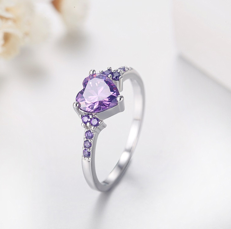 Natural Amethyst Zircon Silver Ring Fashion Wedding Heart Shaped Ring Jewelry Female