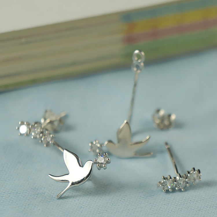 Earing Korea S925 sterling silver row zirconium peace pigeon rear hanging pigeon earrings ladies a pair of earrings