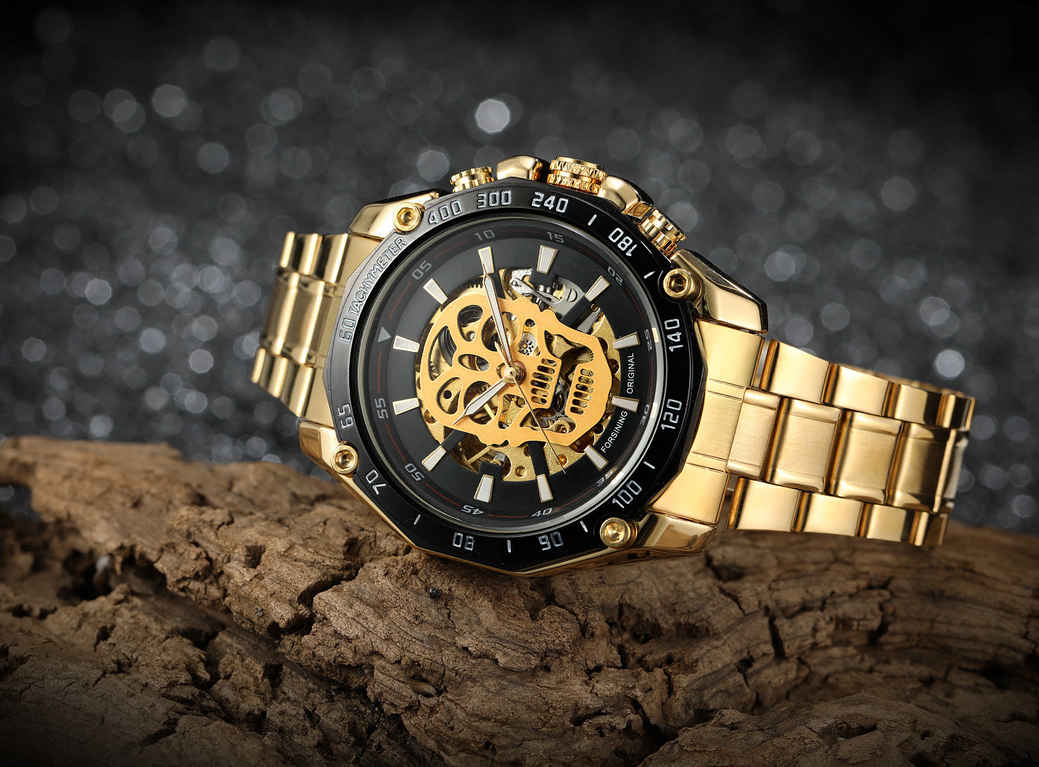 Steampunk Fashion Skull Design Black Golden Luminous Hands Skeleton Men's Mechanical Wrist Watches Top Brand Luxury