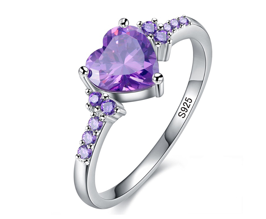 Natural Amethyst Zircon Silver Ring Fashion Wedding Heart Shaped Ring Jewelry Female