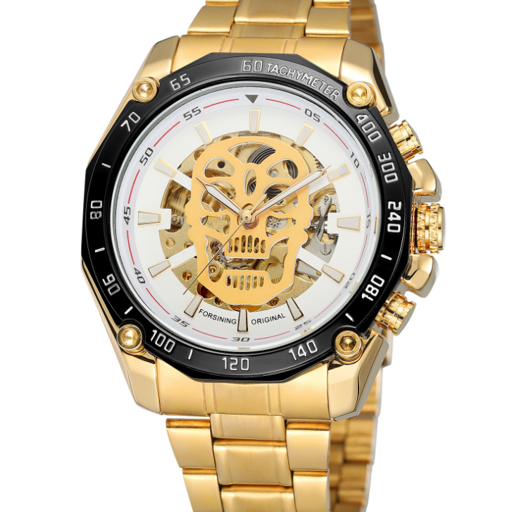 Steampunk Fashion Skull Design Black Golden Luminous Hands Skeleton Men's Mechanical Wrist Watches Top Brand Luxury