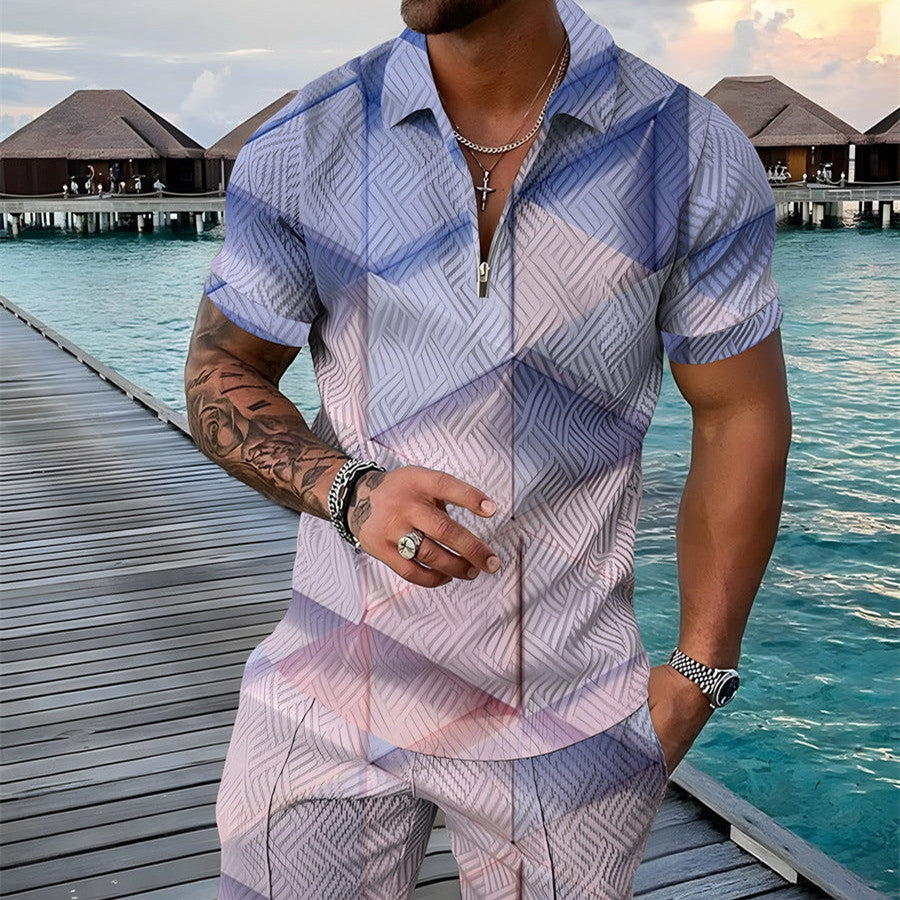 2023 Plus Size Men's Polo Shirt Summer Fashion 3D Printed Short Sleeve Geometric Zip Lapel Shirt Set