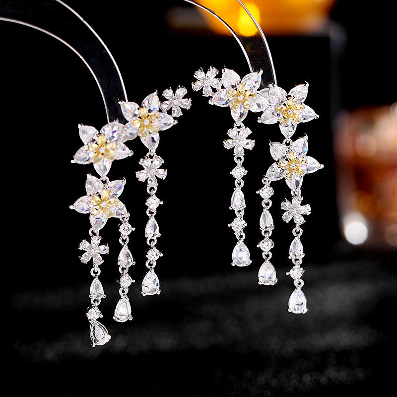 Fashion Flower Tassel Pendant Earrings For Women Wedding Crystal Dangle Earings Luxury Jewelry